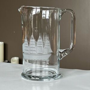 Clipper by Toscany etched blown glass 80 oz pitcher, nautical/ship/clipper